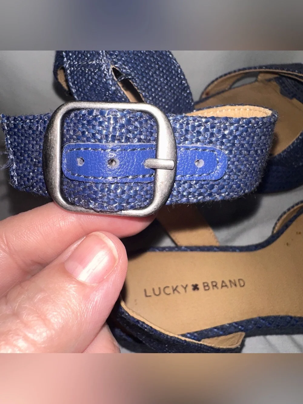 Lucky Brand Women's Size 7 Blue Denim Look Platform Sandals 2.5” Heels